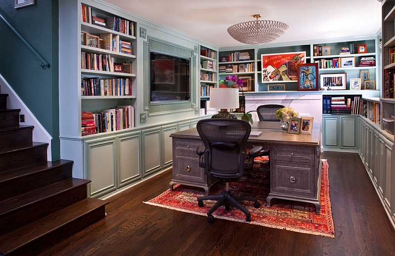 Transitional basement home office that is a real showstopper!