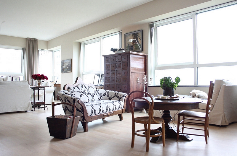 Transitional family room with a wonderful collection of vintage decor