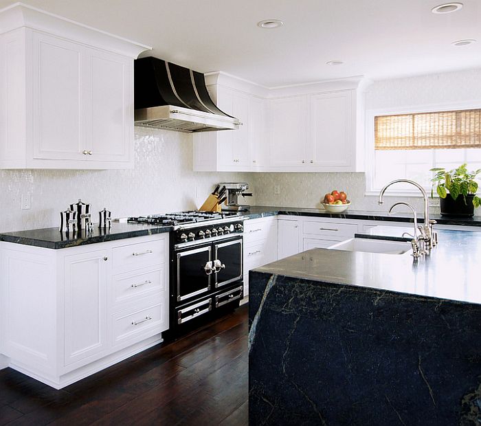 Transitional kitchen in black and white