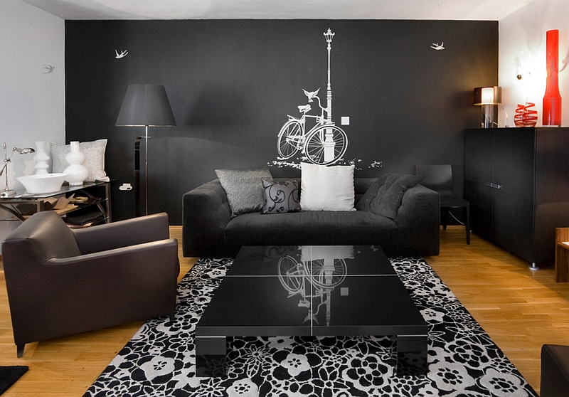 Trendy living room in grey with a fun and stylish wall mural