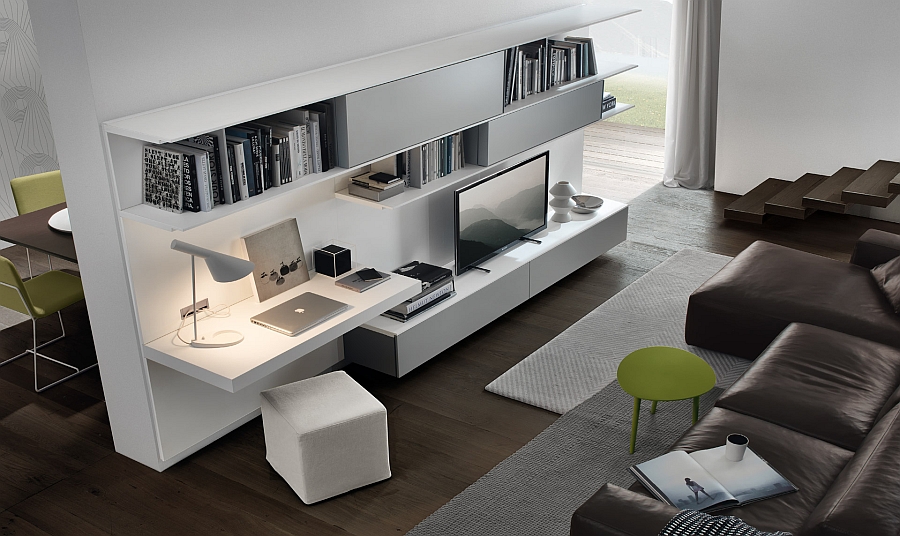 Trendy wall unit system for the living room in minimalist white