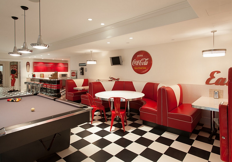 Turn the basement into a fun hangout and game room with a Coca Cola themed diner