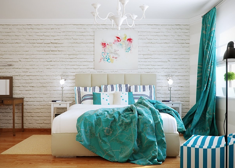 Turquoise fabric accents in the white bedroom