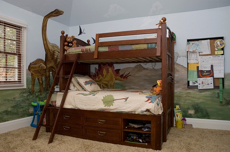 Kids Bedrooms With Dinosaur Themed Wall Art And Murals