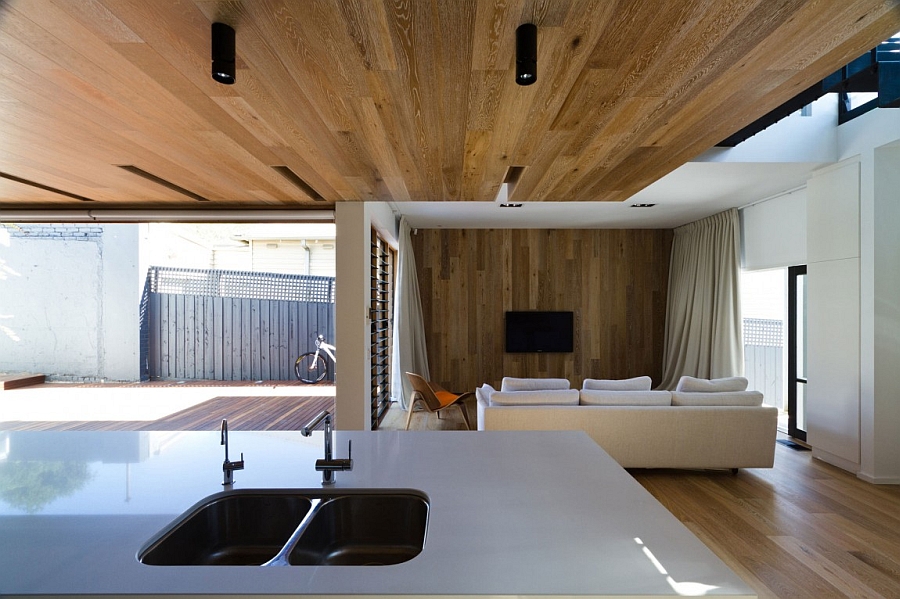 View of the living area from the kitchen inside the Open House