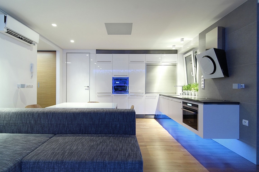 View of the sleek, contenmporary kitchen with space-saving shelves