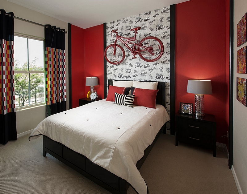 Wallpaper offers the perfect backdrop for the ravishing red bicycle in the bedroom