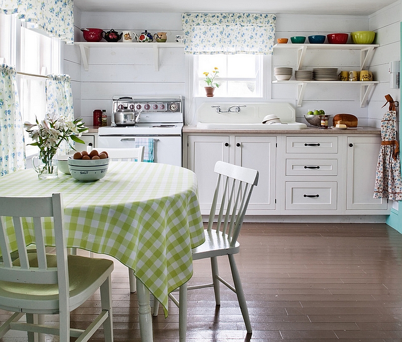 White kitchen with open shelves and a farmhouse style