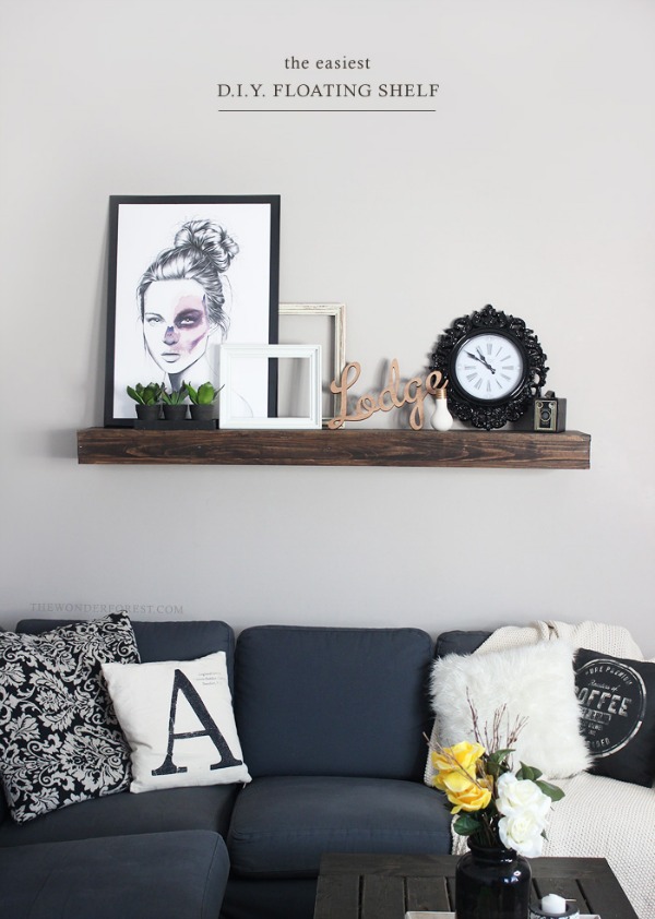 floating shelf above sofa