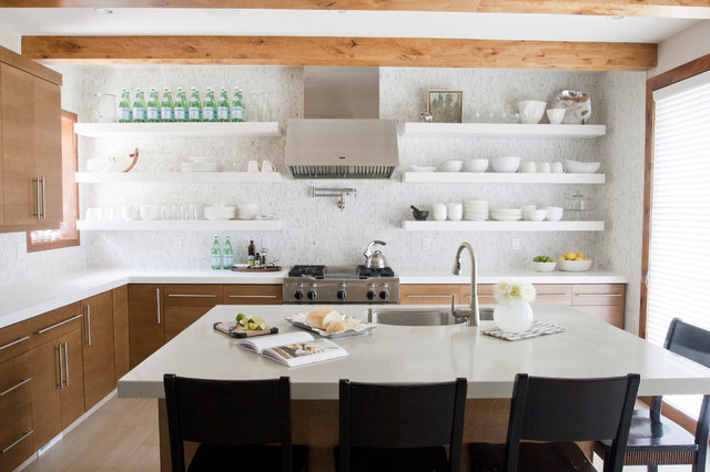 white modern kitchen floating shelves