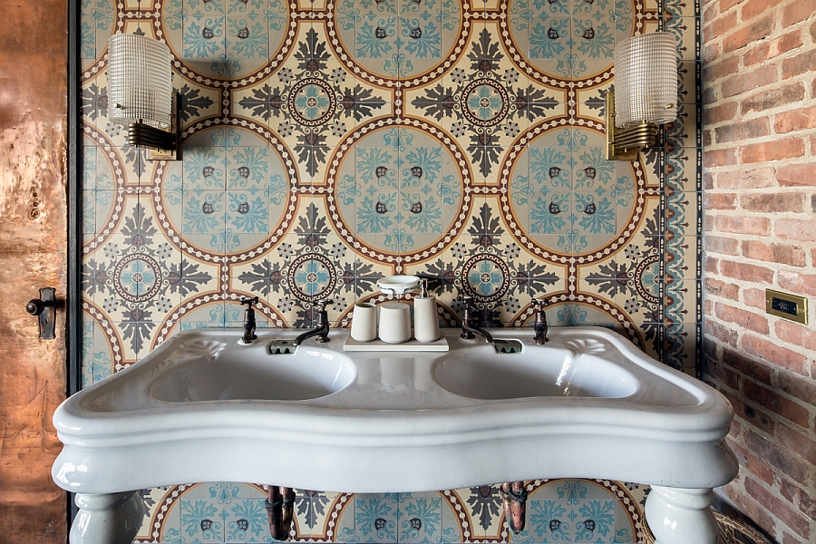 1930's floral patterned blue stone tiles from Belgium in the bathroom