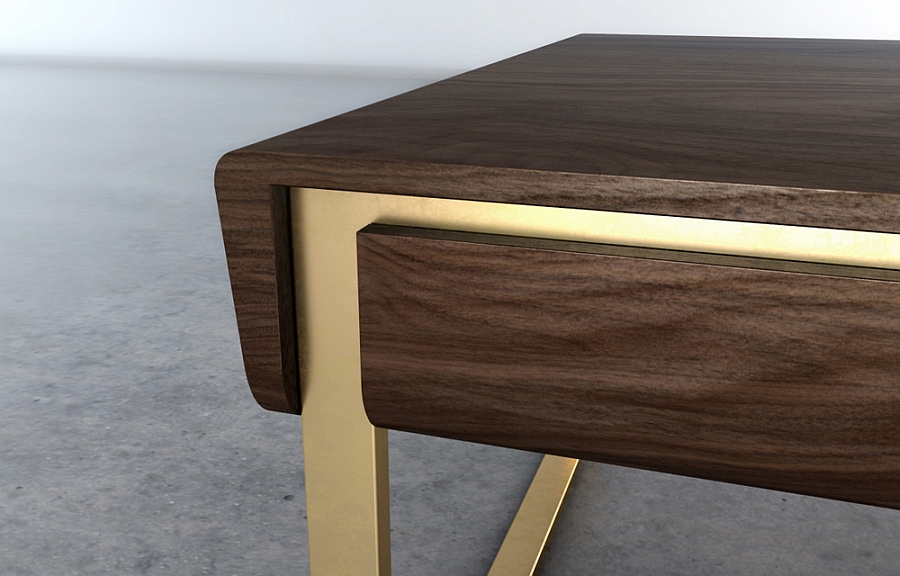 A hint of brass adds style to the walnut body of the coffee table