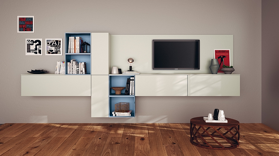 A touch of blue brings glam to the living room wall unit