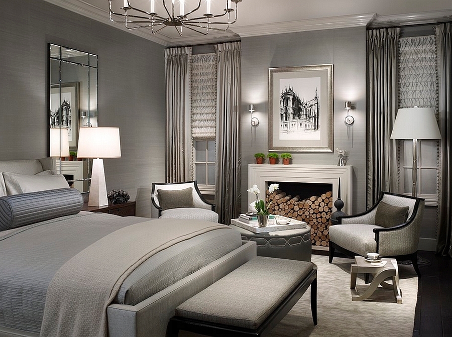 Amazing bedroom in gray uses lighting to induce a visual difference between light and dark shades