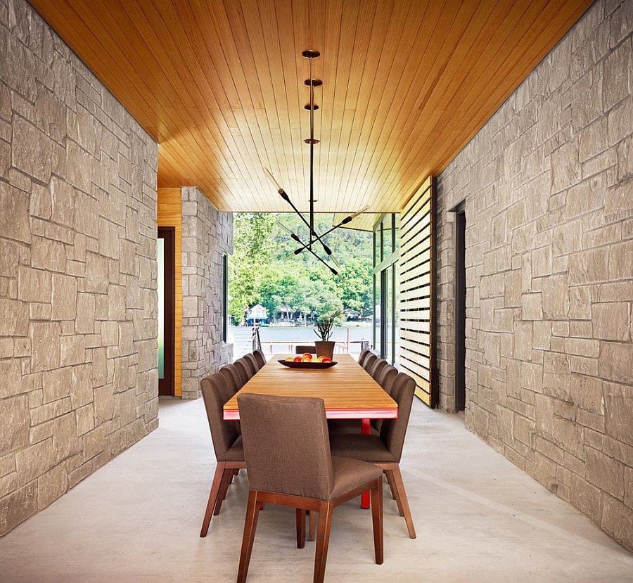 Beautiful wooden ceiling and walls combined with stone and glass