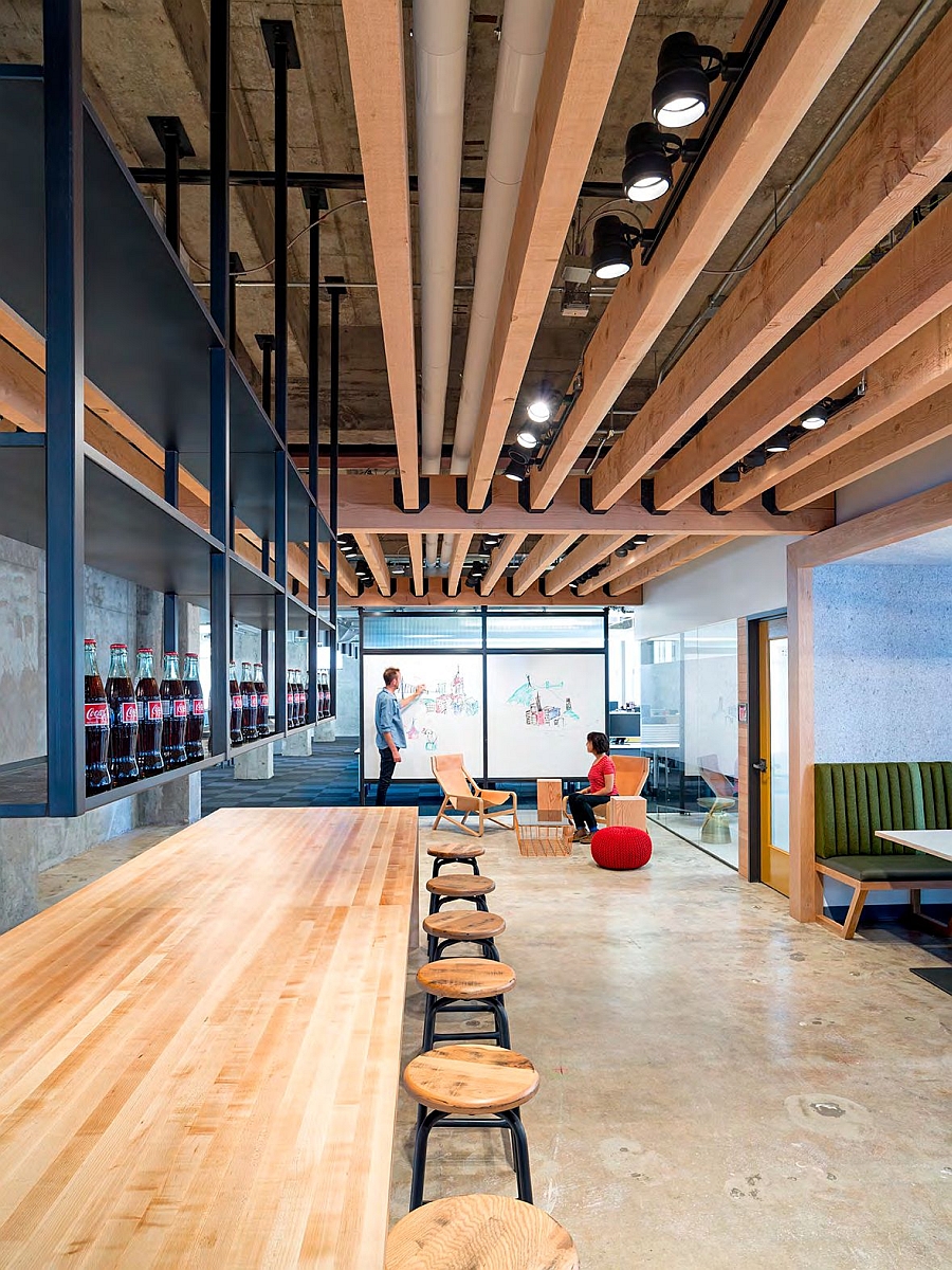 Beautiful wooden surfaces lend the office interiors inviting warmth