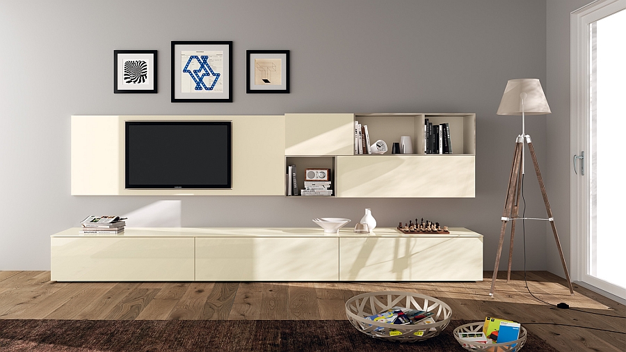 Beige gloss Laquered living area wall unit for the space conscious home