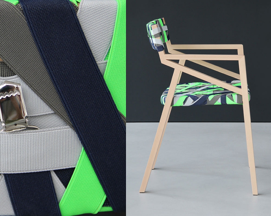 Bespoke wood chair wrapped in bright green and elegant grey