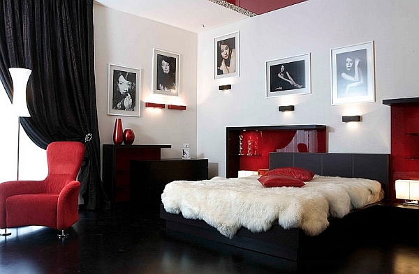 Black, red and white bedroom Hollywood Regency Style