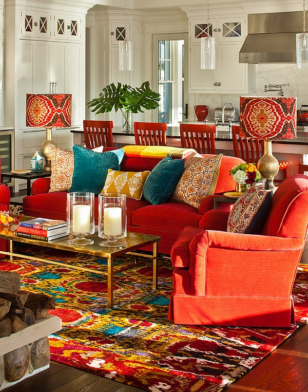 Bold lampshades and candles really drive home the Bohemian look of the lounge