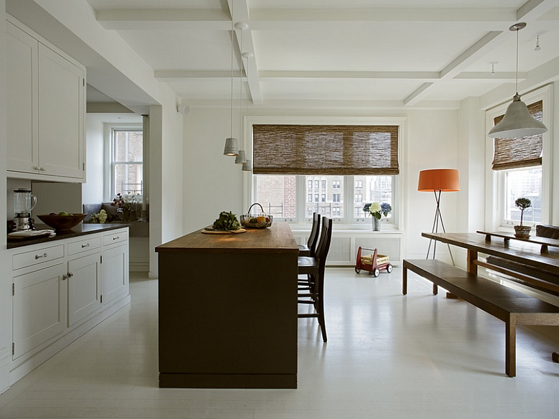 Bright floor lamp in orange serves as lovely accent lighting in the kitchen