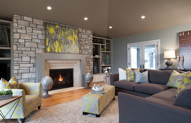 Chair and ottoman in toile fabric enliven the contemporary living room