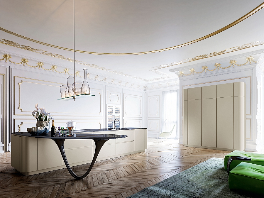 Chevron pattern floor adds to the elegance of the kitchen