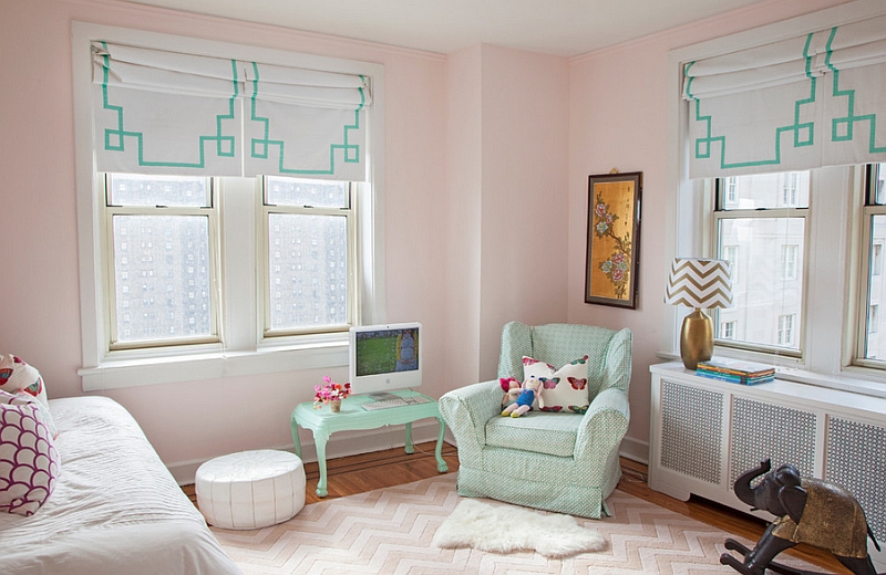 Chic girls' bedroom with roman shades that usher in playful patterns