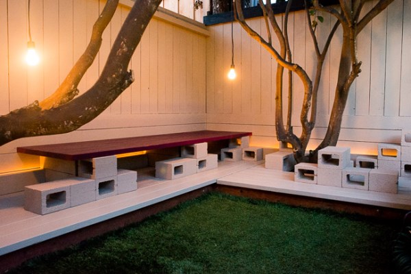 Cinder block lounge area with lighting