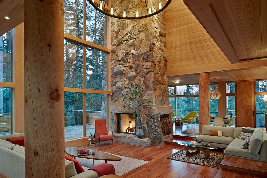 Classic stone fireplace at the heart of the living space seems perfect for a woodsy retreat