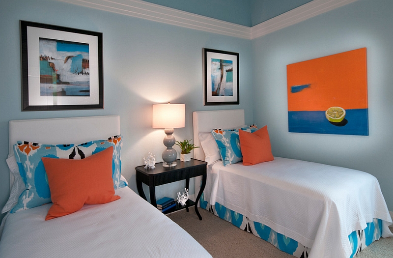 Classy contemporary bedroom in orange and blue