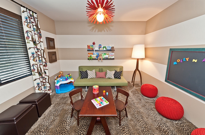 Colorful kids' room with an alien-looking tripod lamp addition