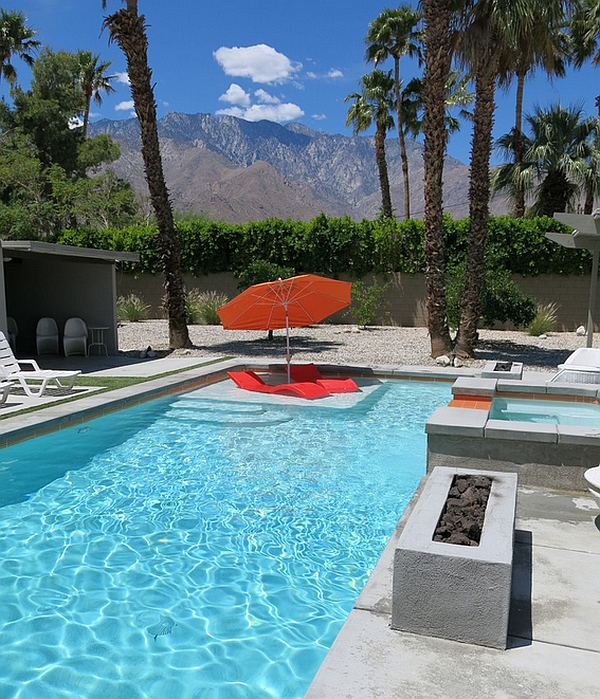 Colorful seating additions to the pool in bright orange