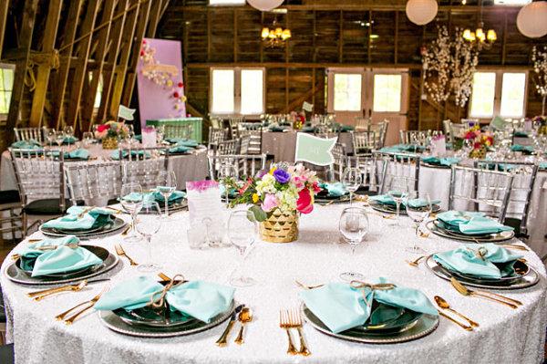 Colorful table setting with touches of gold and aqua