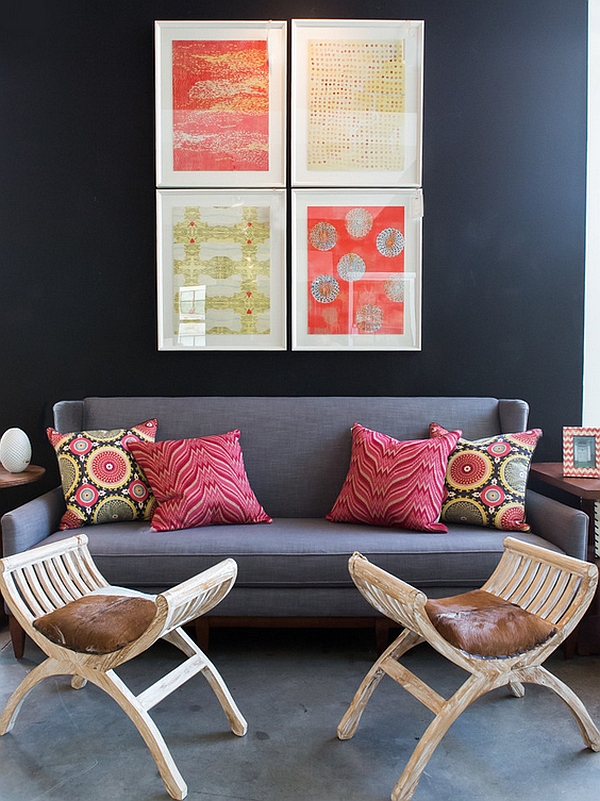 Colorful wall art and Bohemian style throw pillows enliven the space