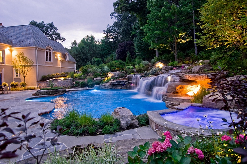 Combine the waterfall feature along with the sizzling hot fire pit!