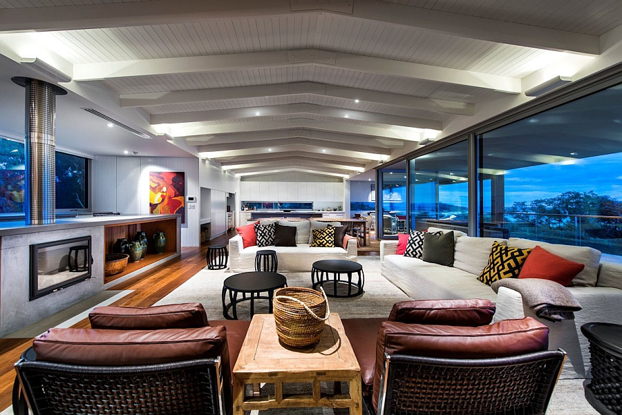 Cool beach style living space with an open floor plan