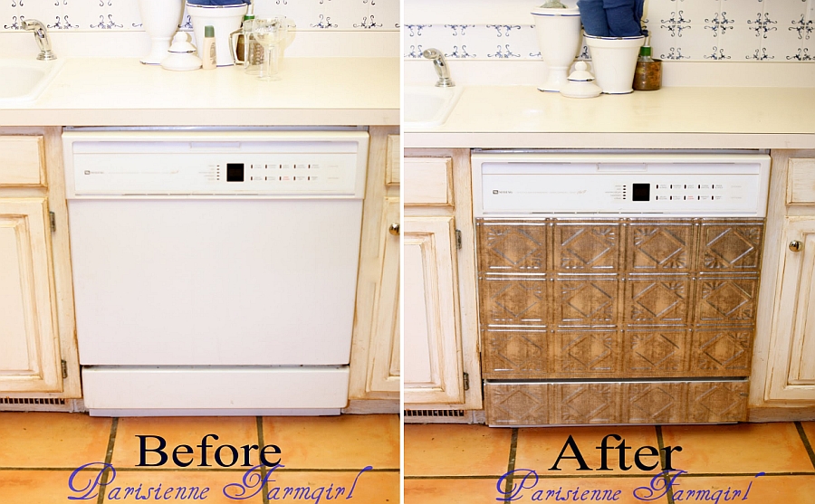 DIY Faux Tin Tile dishwasher makeover