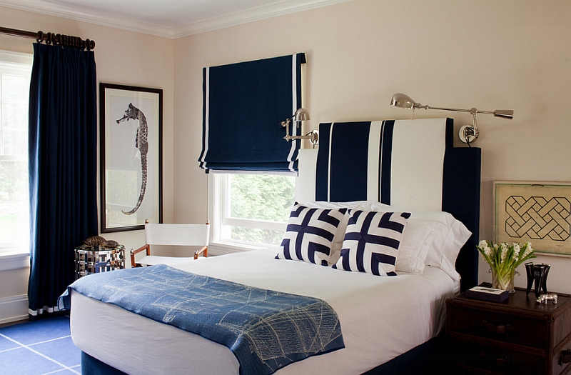 Dark Blue Roman Shade With White Border For The Nautical Themed Bedroom 