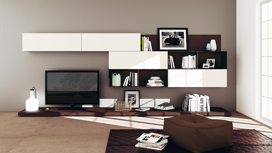 Dark oak adds visual contrast to the living room wall unit