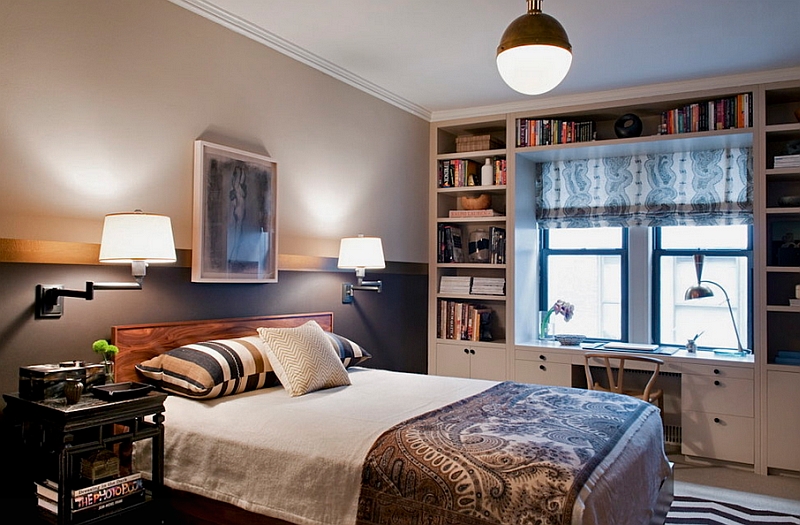 Eclectic bedroom combines the small Hicks Pendant with wall sconces