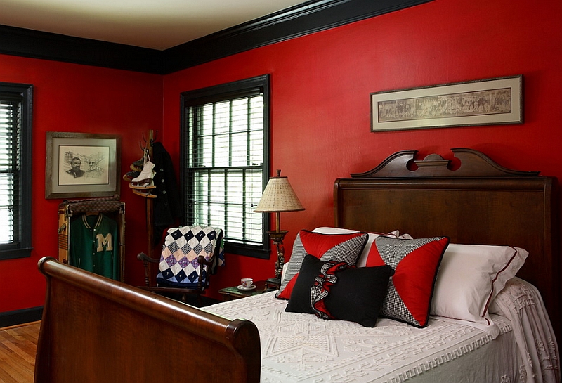 Eclectic boys' bedroom seems drenched in red and black!