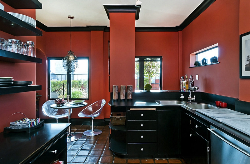 Eclectic kitchen goes bold with just black and red