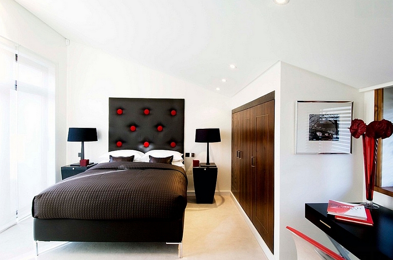Exciting contemporary bedroom in red, black and white