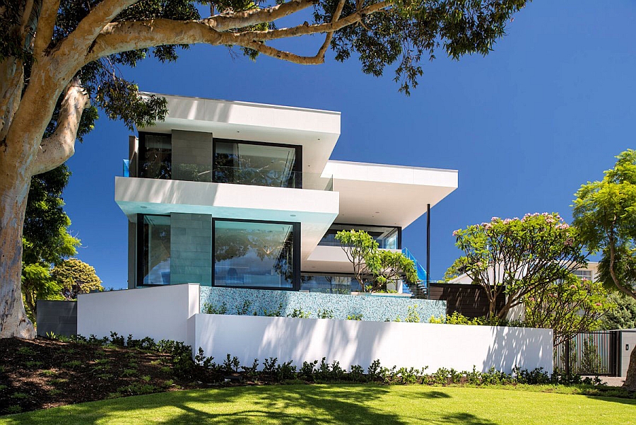 Exterior of the beautiful family house in blue and white