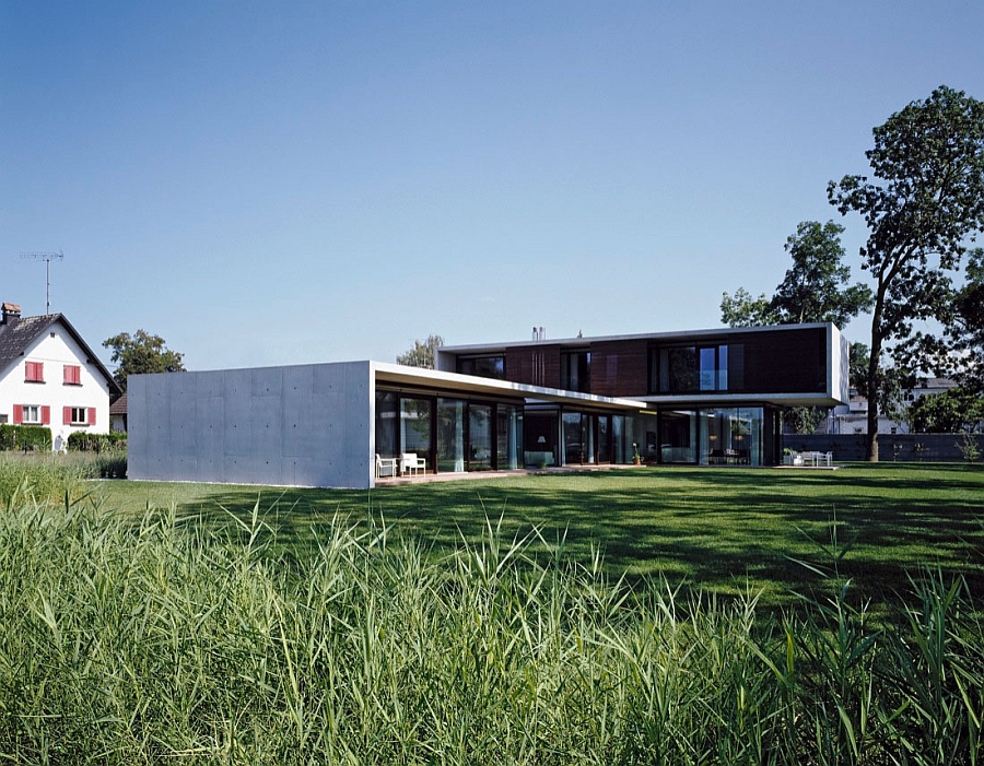 Exterior of the contemporary Austrian home in wood and concrete