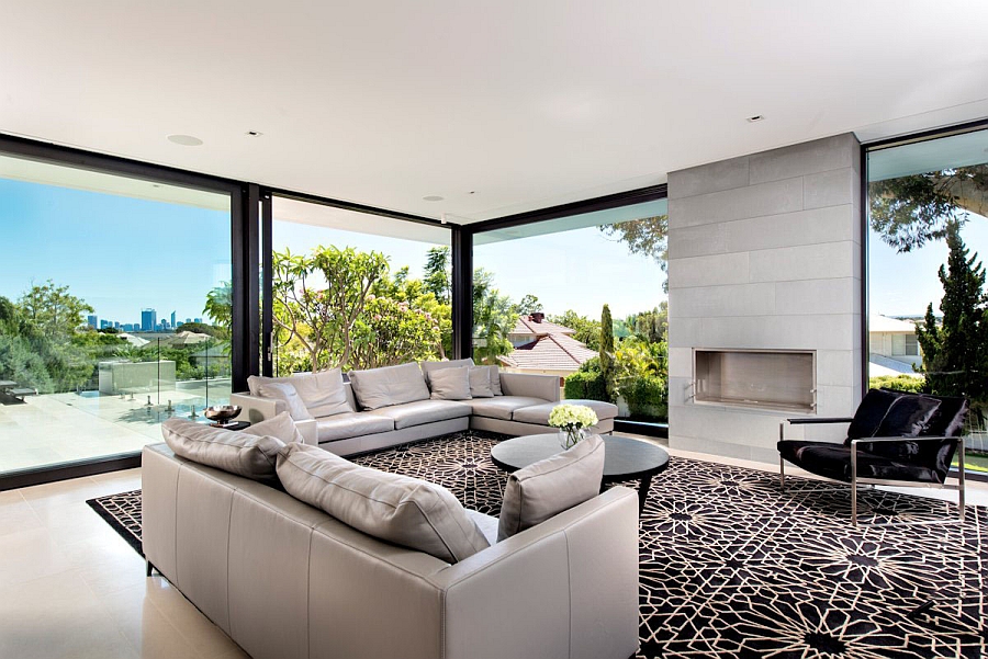 Fabulous rug in black and white adds geometric pattern to the living room