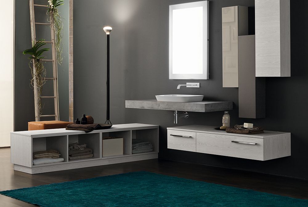 Floating vanity and storage shelves give the bathroom an airy appeal