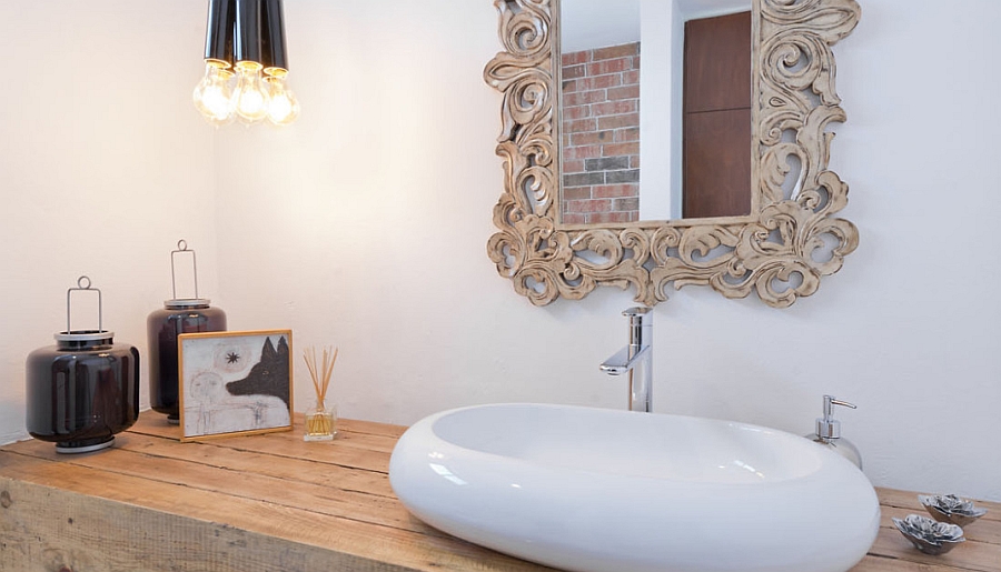 Floating wooden vanity with a beautiful modern sink