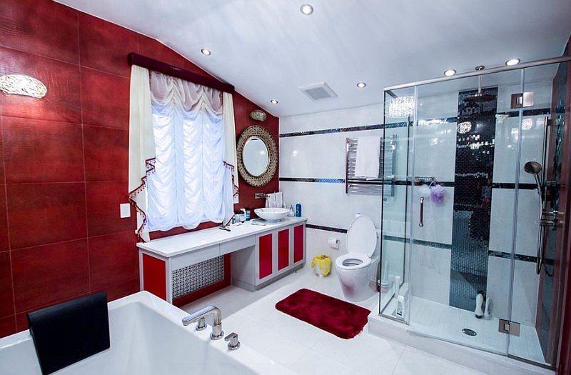 Glamorous NYC bathroom in red, black and white